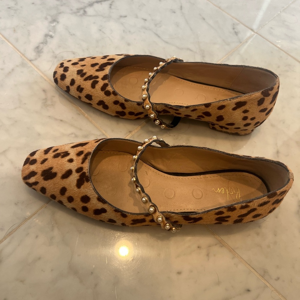 Boden calf hair Print Mary Jane's with pearl details.
